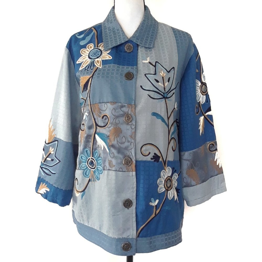 Indigo Moon Blue Patchwork Embroidered Jacket - image 4